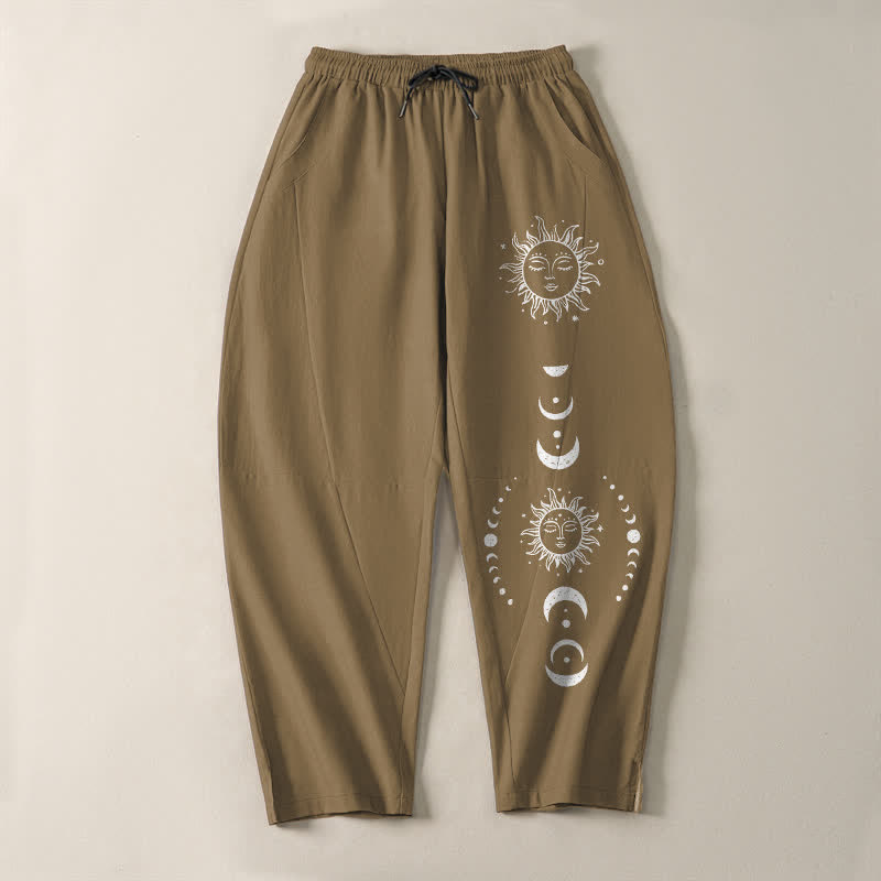 Buddha Stones Pure Cotton Sun Moon Phase Pattern Drawstring Men's Tapered Pants With Pockets - image 9