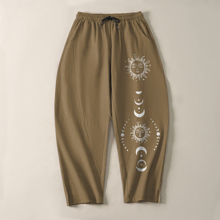 Buddha Stones Pure Cotton Sun Moon Phase Pattern Drawstring Men's Tapered Pants With Pockets - image 9