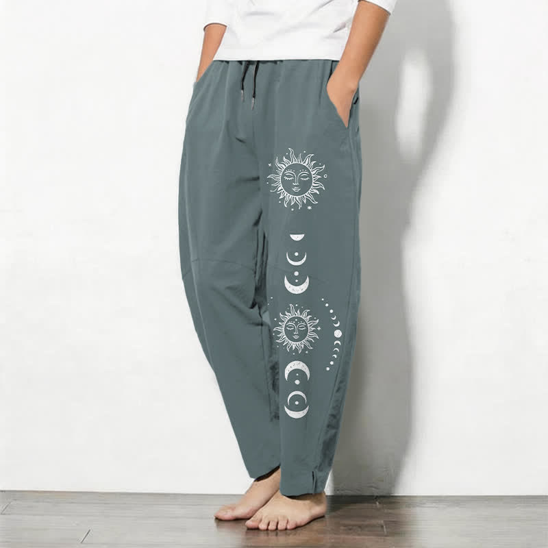 Buddha Stones Pure Cotton Sun Moon Phase Pattern Drawstring Men's Tapered Pants With Pockets - image 12