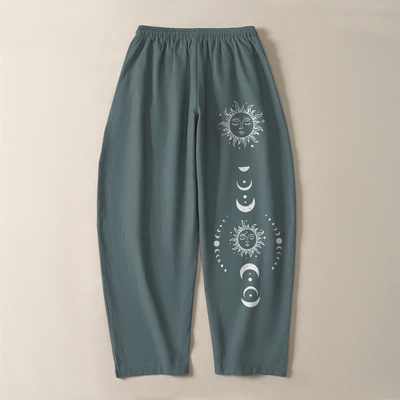Buddha Stones Pure Cotton Sun Moon Phase Pattern Drawstring Men's Tapered Pants With Pockets - image 14