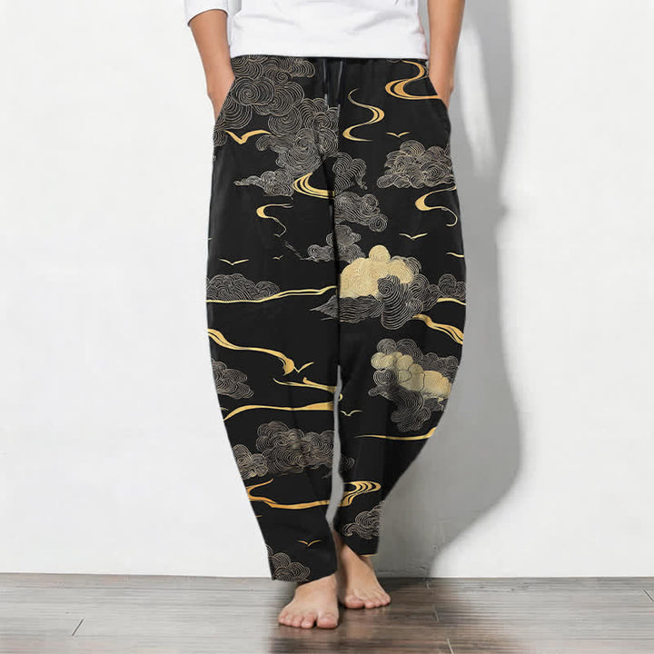 Buddha Stones Pure Cotton Golden Cloud Wave Pattern Drawstring Men's Tapered Pants With Pockets - Black - US/UK/AU50，EU60 (5XL) - image 0