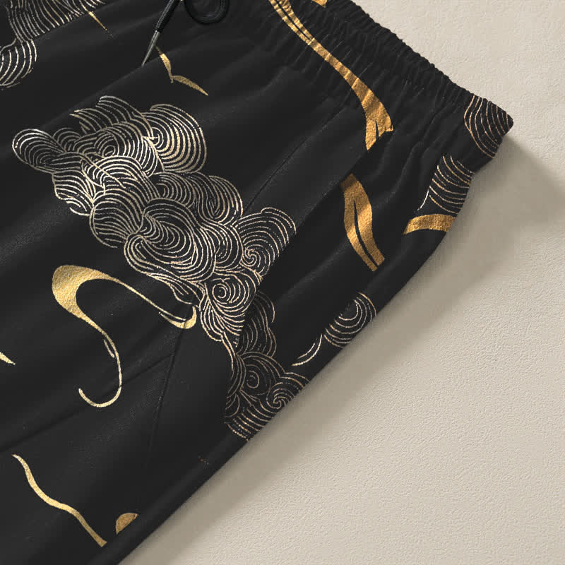 Buddha Stones Pure Cotton Golden Cloud Wave Pattern Drawstring Men's Tapered Pants With Pockets - image 4