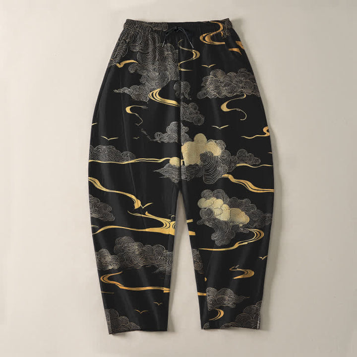 Buddha Stones Pure Cotton Golden Cloud Wave Pattern Drawstring Men's Tapered Pants With Pockets - image 2
