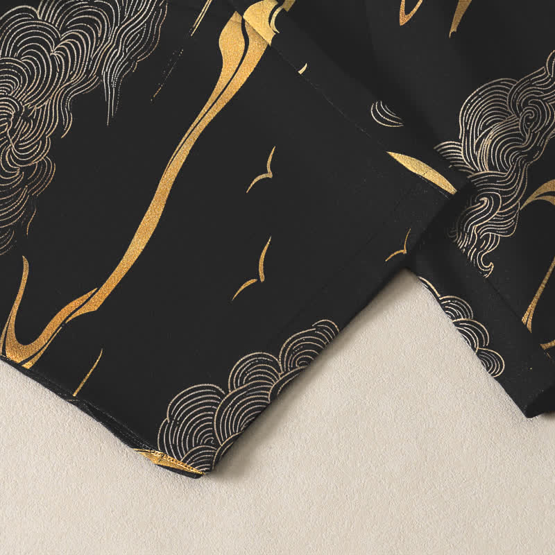 Buddha Stones Pure Cotton Golden Cloud Wave Pattern Drawstring Men's Tapered Pants With Pockets - image 5