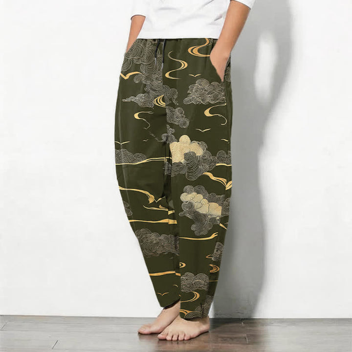 Buddha Stones Pure Cotton Golden Cloud Wave Pattern Drawstring Men's Tapered Pants With Pockets - image 8