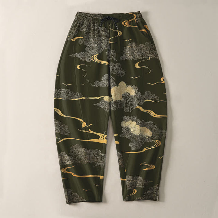 Buddha Stones Pure Cotton Golden Cloud Wave Pattern Drawstring Men's Tapered Pants With Pockets - image 9