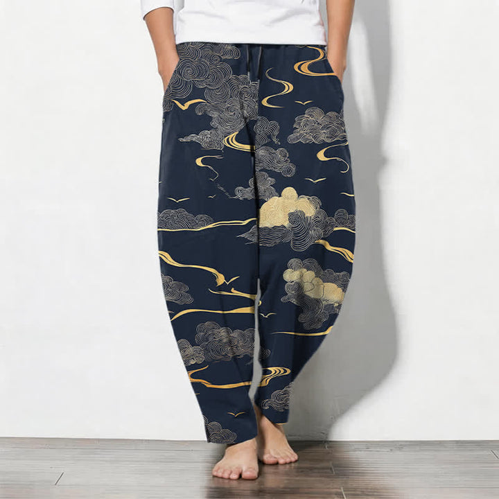 Buddha Stones Pure Cotton Golden Cloud Wave Pattern Drawstring Men's Tapered Pants With Pockets - Navy - US/UK/AU50，EU60 (5XL) - image 11