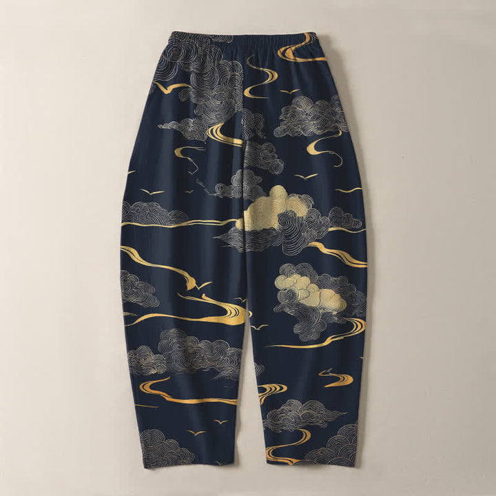 Buddha Stones Pure Cotton Golden Cloud Wave Pattern Drawstring Men's Tapered Pants With Pockets - image 14