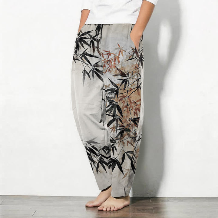 Buddha Stones Pure Cotton Ink Bamboo Leaf Pattern Drawstring Men's Tapered Pants With Pockets - image 1