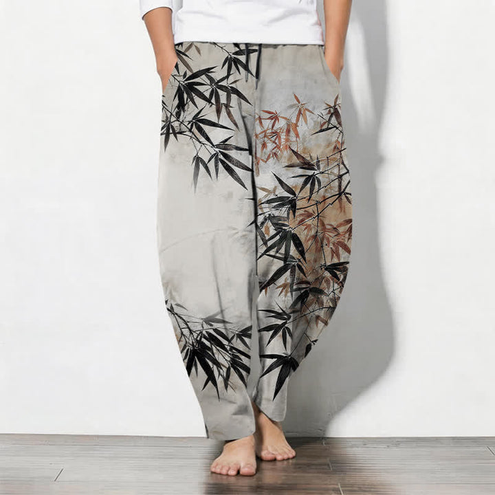 Buddha Stones Pure Cotton Ink Bamboo Leaf Pattern Drawstring Men's Tapered Pants With Pockets - Gainsboro - US/UK/AU50，EU60 (5XL) - image 0