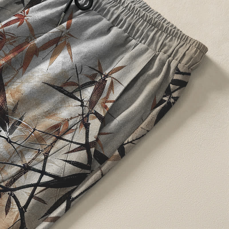 Buddha Stones Pure Cotton Ink Bamboo Leaf Pattern Drawstring Men's Tapered Pants With Pockets - image 4