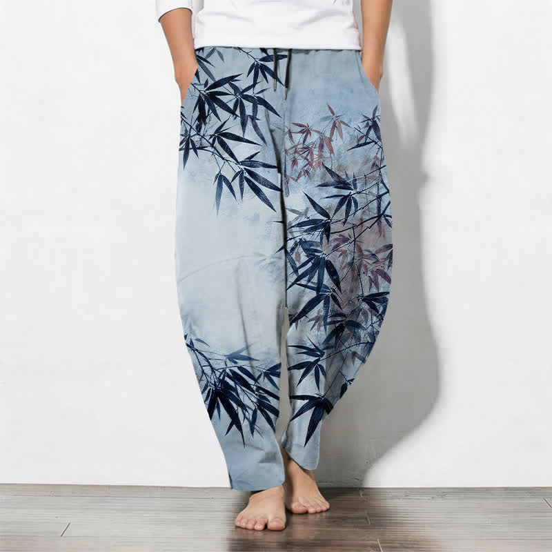 Buddha Stones Pure Cotton Ink Bamboo Leaf Pattern Drawstring Men's Tapered Pants With Pockets - LightBlue - US/UK/AU50，EU60 (5XL) - image 7