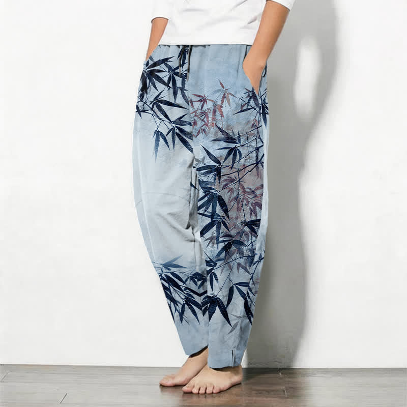 Buddha Stones Pure Cotton Ink Bamboo Leaf Pattern Drawstring Men's Tapered Pants With Pockets - image 8