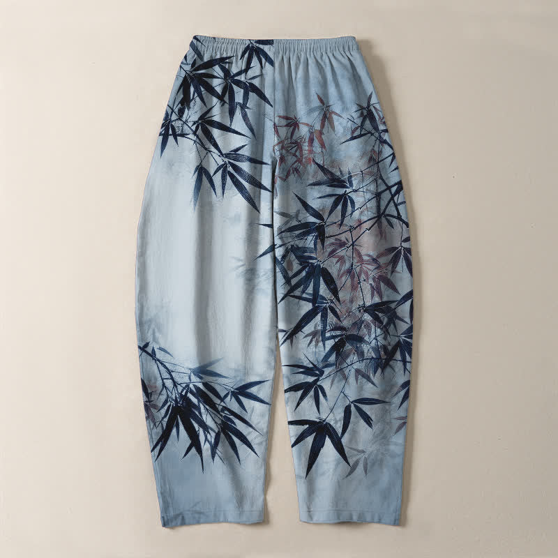 Buddha Stones Pure Cotton Ink Bamboo Leaf Pattern Drawstring Men's Tapered Pants With Pockets - image 10