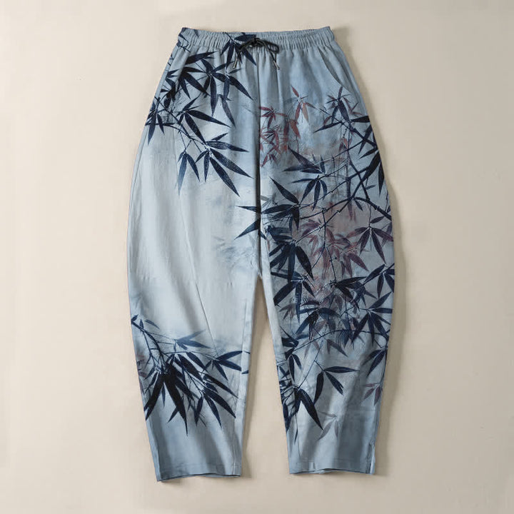 Buddha Stones Pure Cotton Ink Bamboo Leaf Pattern Drawstring Men's Tapered Pants With Pockets - image 9
