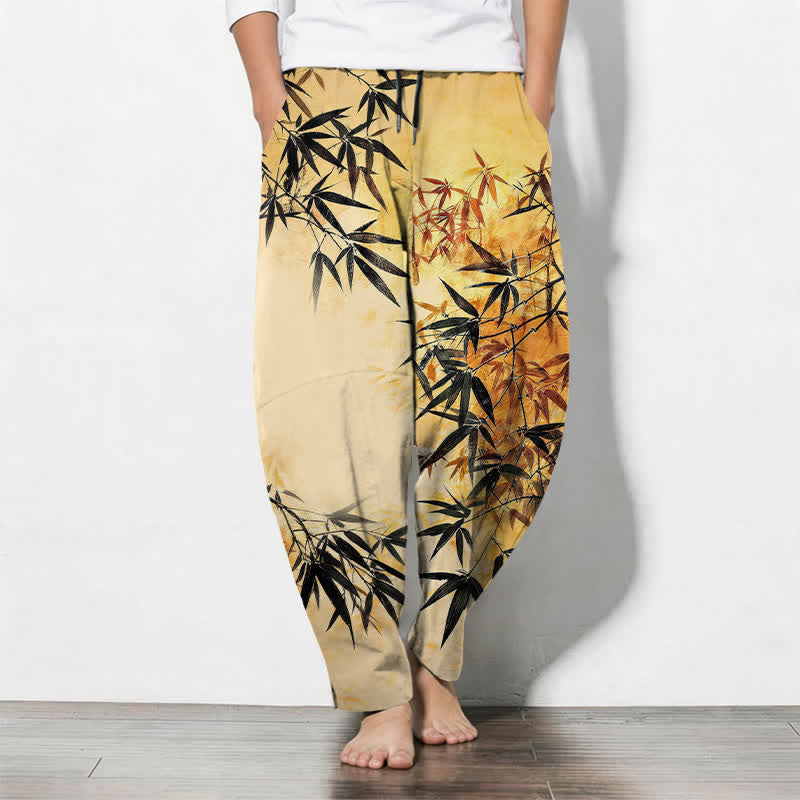 Buddha Stones Pure Cotton Ink Bamboo Leaf Pattern Drawstring Men's Tapered Pants With Pockets - Gold - US/UK/AU50，EU60 (5XL) - image 11