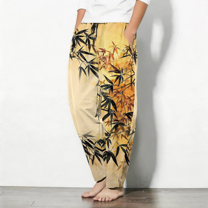 Buddha Stones Pure Cotton Ink Bamboo Leaf Pattern Drawstring Men's Tapered Pants With Pockets - image 12