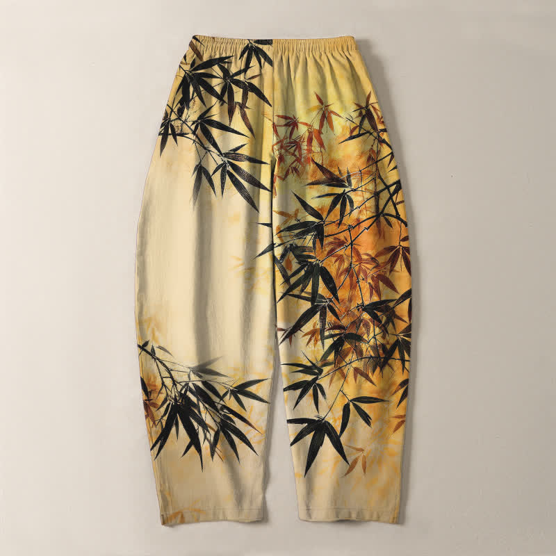 Buddha Stones Pure Cotton Ink Bamboo Leaf Pattern Drawstring Men's Tapered Pants With Pockets - image 14