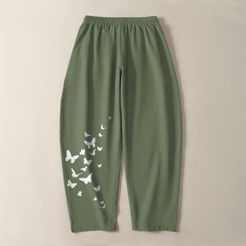 Buddha Stones Pure Cotton White Butterfly Cluster Pattern Drawstring Men's Tapered Pants With Pockets - image 10