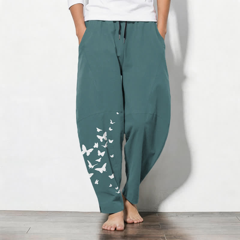 Buddha Stones Pure Cotton White Butterfly Cluster Pattern Drawstring Men's Tapered Pants With Pockets - CadetBlue - US/UK/AU50，EU60 (5XL) - image 11