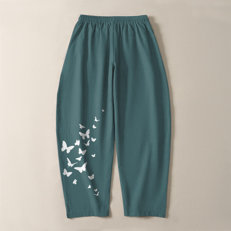 Buddha Stones Pure Cotton White Butterfly Cluster Pattern Drawstring Men's Tapered Pants With Pockets - image 14