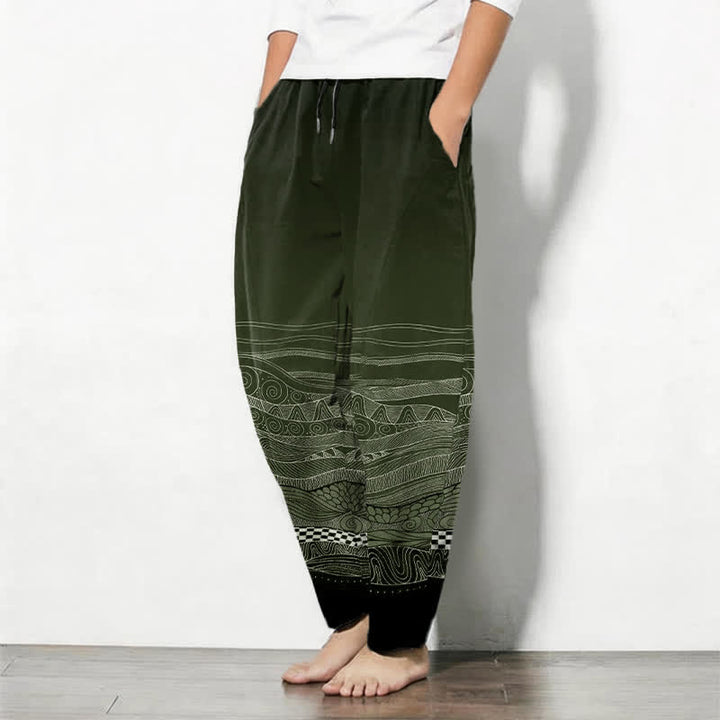 Buddha Stones Pure Cotton Tribal Wave Pattern Drawstring Men's Tapered Pants With Pockets - image 12