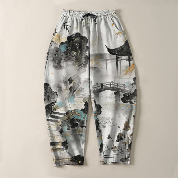 Buddha Stones Pure Cotton Ink Landscape Bamboo Pattern Drawstring Men's Tapered Pants With Pockets - image 2