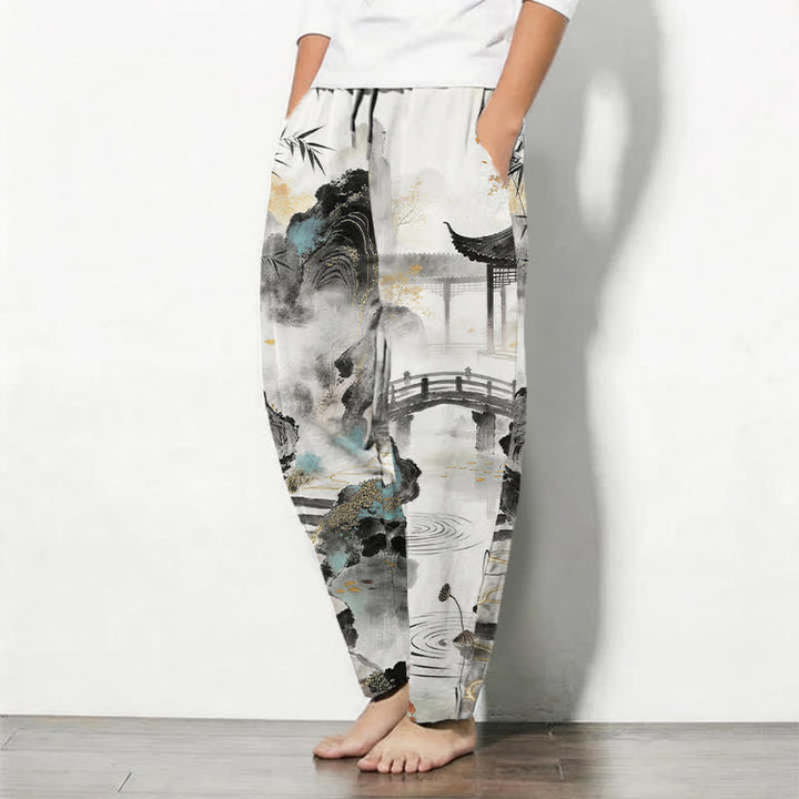 Buddha Stones Pure Cotton Ink Landscape Bamboo Pattern Drawstring Men's Tapered Pants With Pockets - image 1