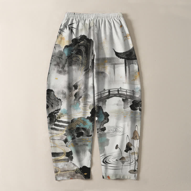 Buddha Stones Pure Cotton Ink Landscape Bamboo Pattern Drawstring Men's Tapered Pants With Pockets - image 3