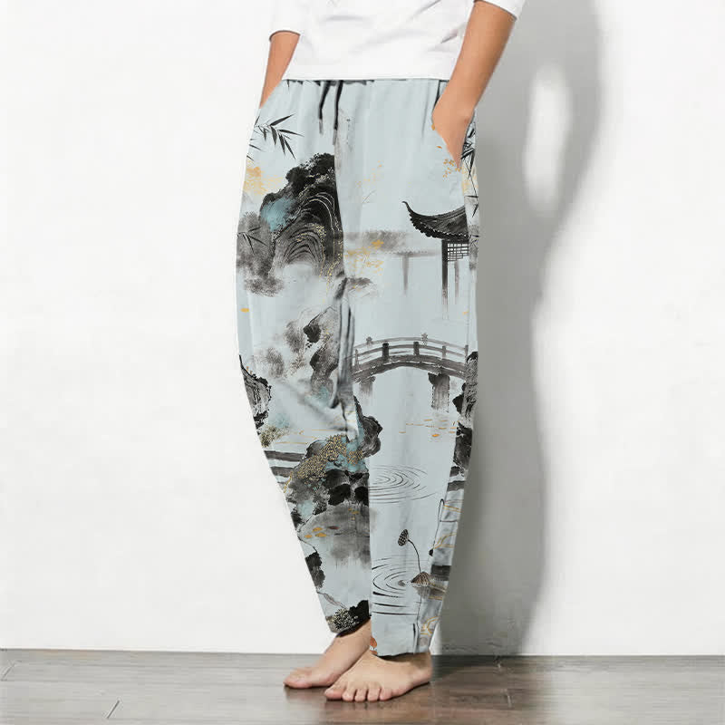 Buddha Stones Pure Cotton Ink Landscape Bamboo Pattern Drawstring Men's Tapered Pants With Pockets - image 8