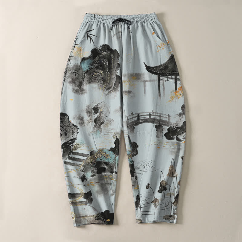 Buddha Stones Pure Cotton Ink Landscape Bamboo Pattern Drawstring Men's Tapered Pants With Pockets - image 9