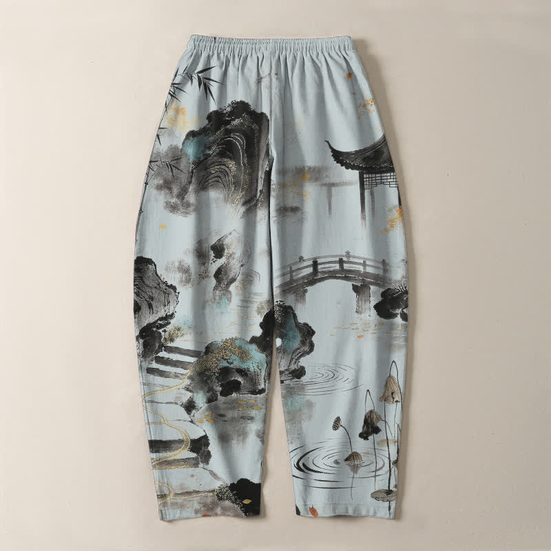 Buddha Stones Pure Cotton Ink Landscape Bamboo Pattern Drawstring Men's Tapered Pants With Pockets - image 10