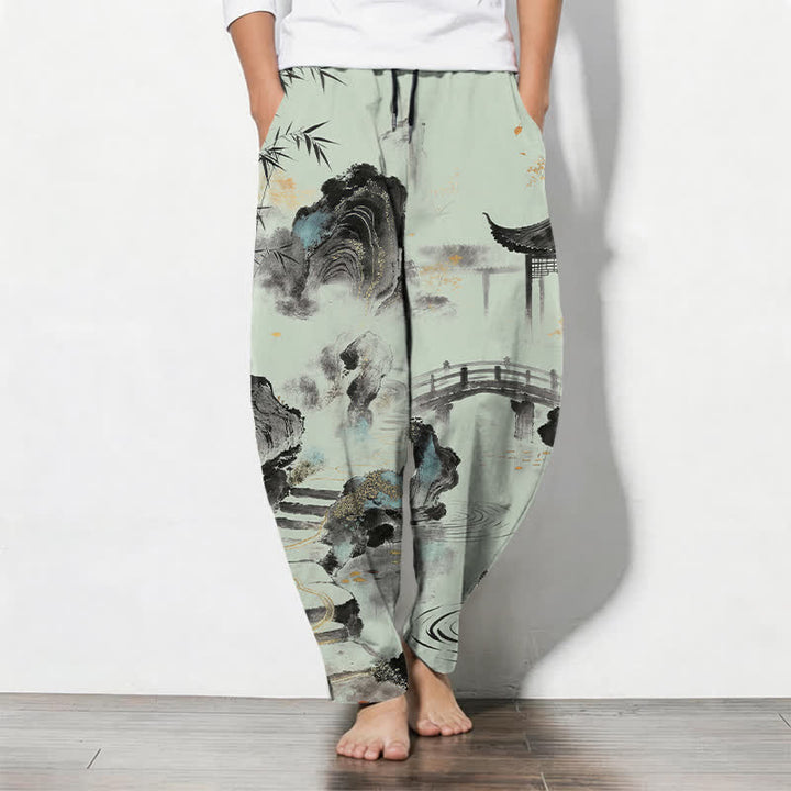 Buddha Stones Pure Cotton Ink Landscape Bamboo Pattern Drawstring Men's Tapered Pants With Pockets - PaleGreen - US/UK/AU50，EU60 (5XL) - image 11