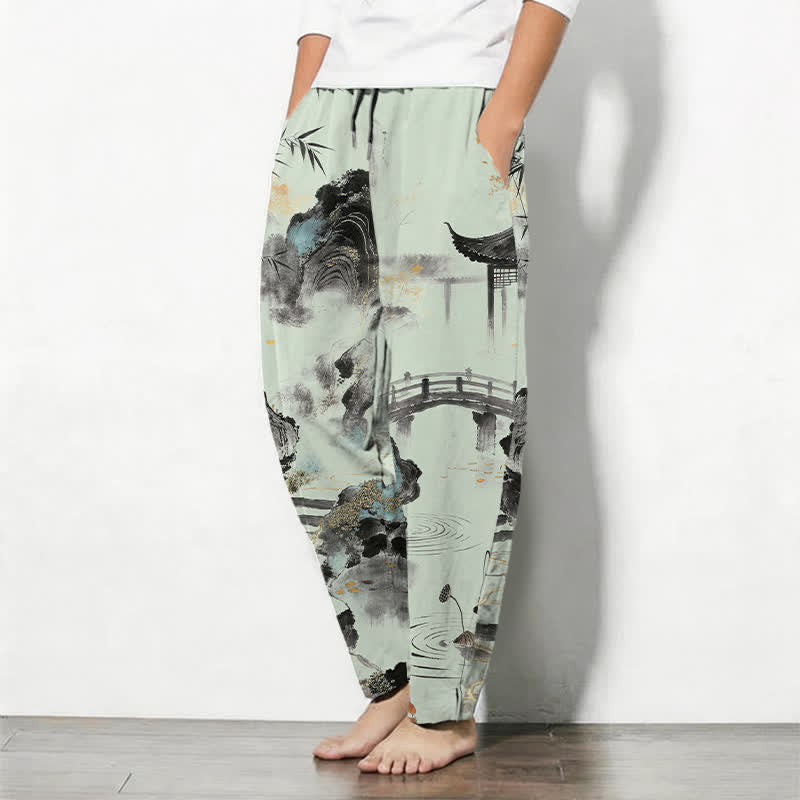 Buddha Stones Pure Cotton Ink Landscape Bamboo Pattern Drawstring Men's Tapered Pants With Pockets - image 12