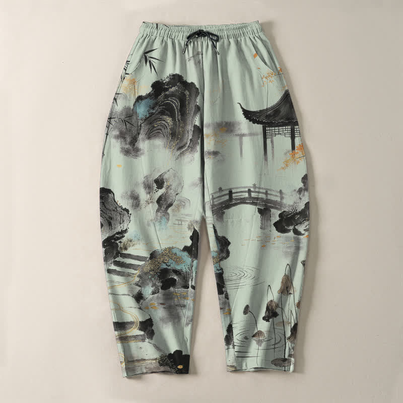 Buddha Stones Pure Cotton Ink Landscape Bamboo Pattern Drawstring Men's Tapered Pants With Pockets - image 13