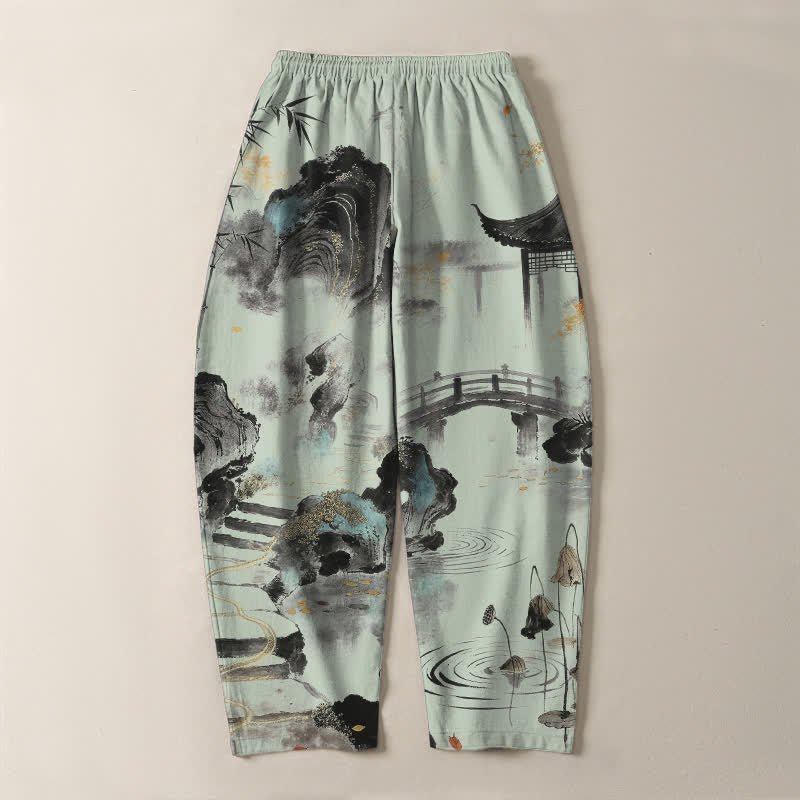 Buddha Stones Pure Cotton Ink Landscape Bamboo Pattern Drawstring Men's Tapered Pants With Pockets - image 14