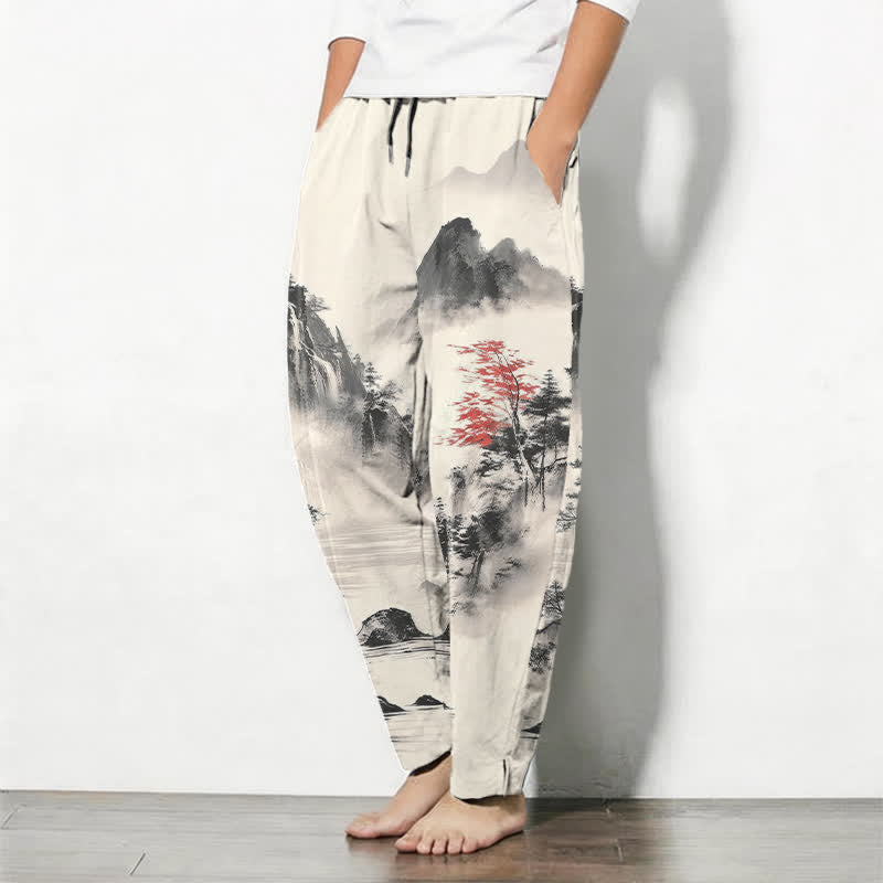 Buddha Stones Pure Cotton Ink Wash Mountain Landscape Pattern Drawstring Men's Tapered Pants With Pockets - image 1