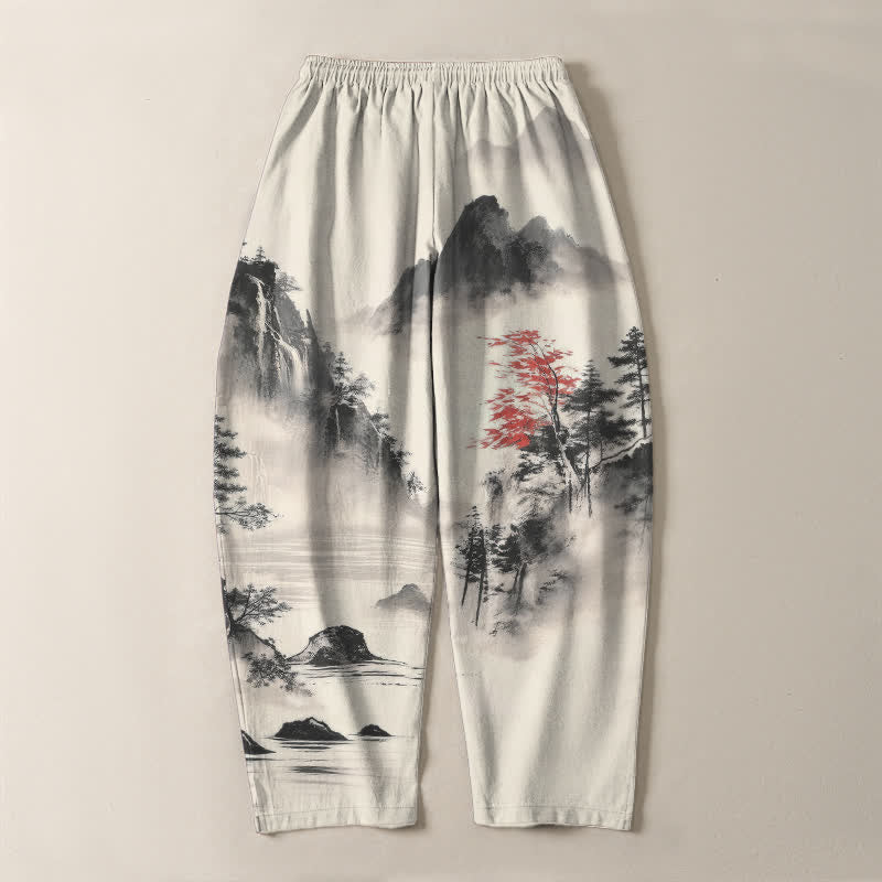 Buddha Stones Pure Cotton Ink Wash Mountain Landscape Pattern Drawstring Men's Tapered Pants With Pockets - image 3