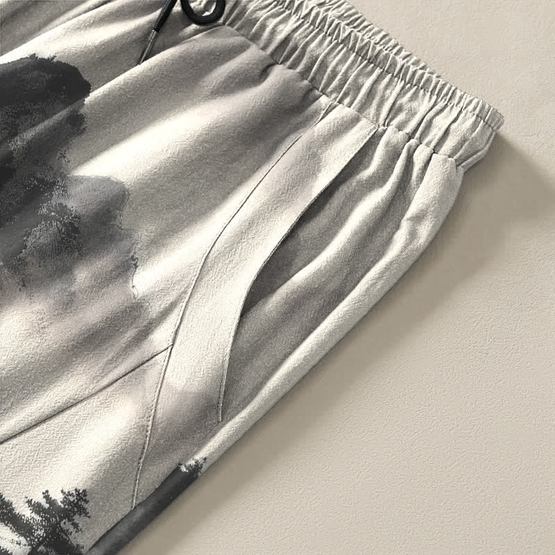 Buddha Stones Pure Cotton Ink Wash Mountain Landscape Pattern Drawstring Men's Tapered Pants With Pockets - image 4