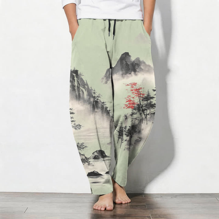 Buddha Stones Pure Cotton Ink Wash Mountain Landscape Pattern Drawstring Men's Tapered Pants With Pockets - PaleGreen - US/UK/AU50，EU60 (5XL) - image 7