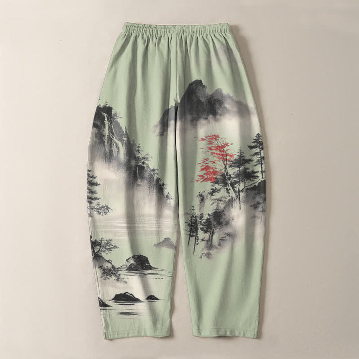 Buddha Stones Pure Cotton Ink Wash Mountain Landscape Pattern Drawstring Men's Tapered Pants With Pockets - image 10