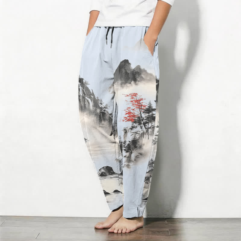 Buddha Stones Pure Cotton Ink Wash Mountain Landscape Pattern Drawstring Men's Tapered Pants With Pockets - image 12
