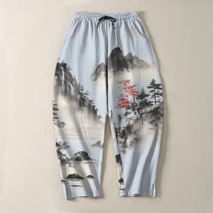 Buddha Stones Pure Cotton Ink Wash Mountain Landscape Pattern Drawstring Men's Tapered Pants With Pockets - image 13