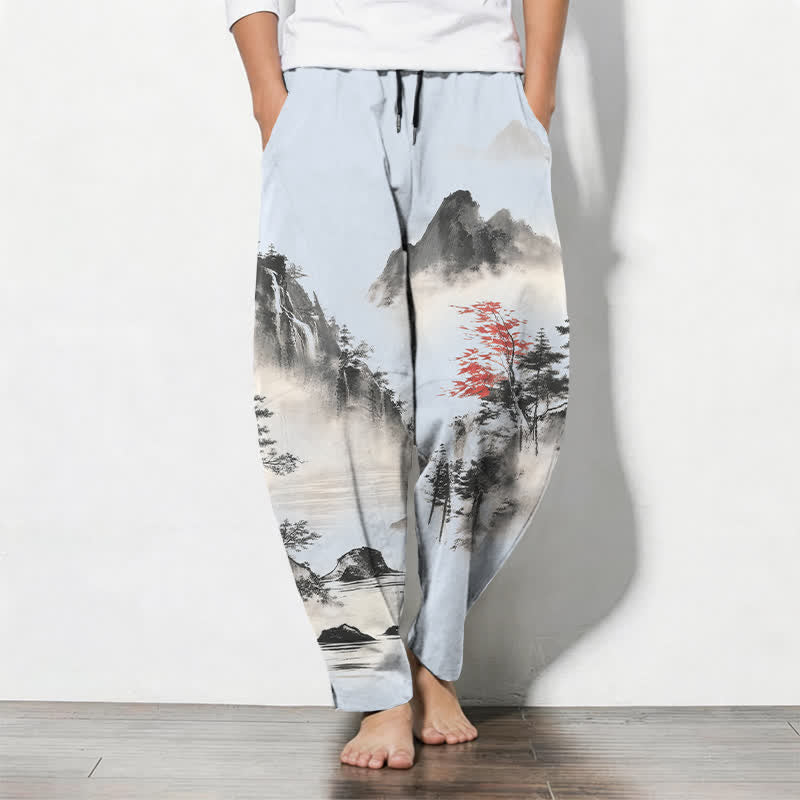 Buddha Stones Pure Cotton Ink Wash Mountain Landscape Pattern Drawstring Men's Tapered Pants With Pockets - PowderBlue - US/UK/AU50，EU60 (5XL) - image 11