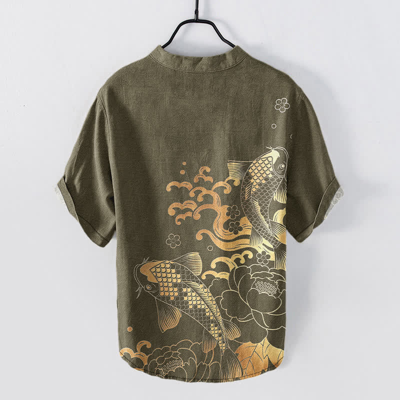 Buddha Stones Cotton Koi Fish Peony Pattern Men's Short Sleeve Half Button Shirt - image 1