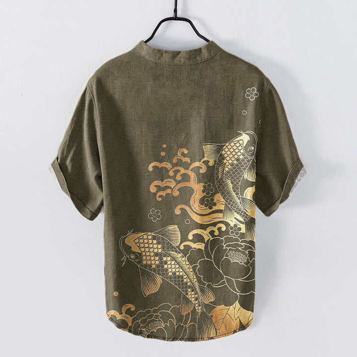 Buddha Stones Cotton Koi Fish Peony Pattern Men's Short Sleeve Half Button Shirt - image 1