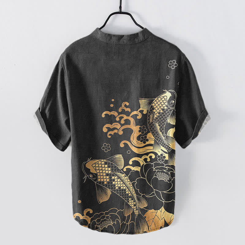 Buddha Stones Cotton Koi Fish Peony Pattern Men's Short Sleeve Half Button Shirt - image 6