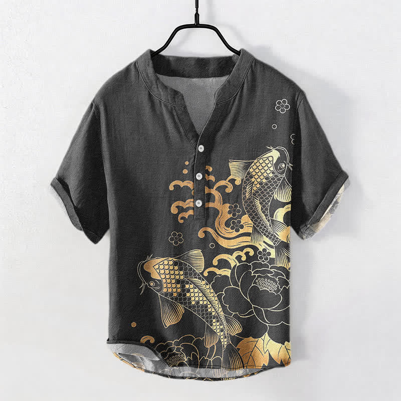 Buddha Stones Cotton Koi Fish Peony Pattern Men's Short Sleeve Half Button Shirt - DimGray - US/UK/AU50，EU60 (5XL) - image 5