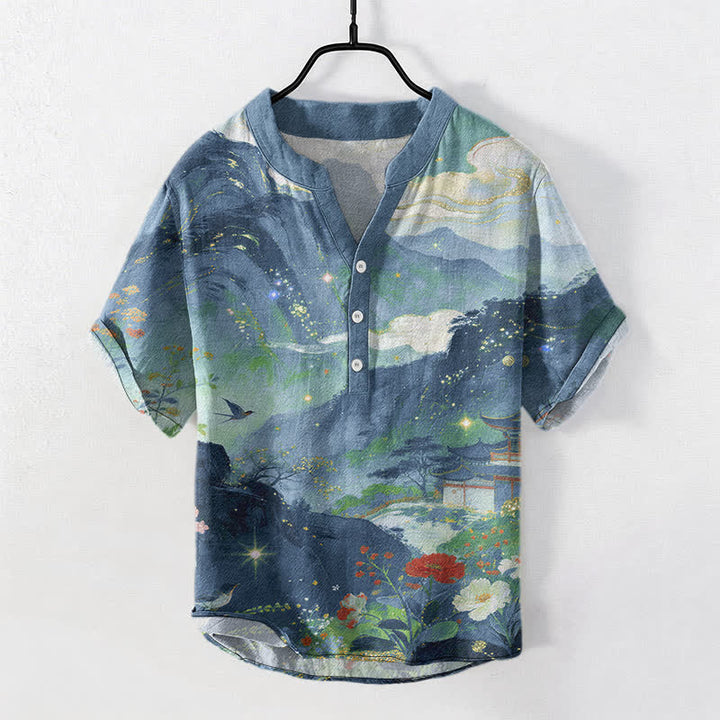Buddha Stones Cotton Ink Wash Landscape Pattern Men's Short Sleeve Half Button Shirt - CadetBlue - US/UK/AU50，EU60 (5XL) - image 0