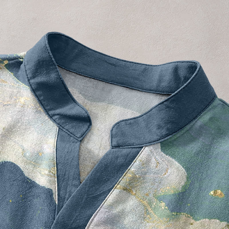 Buddha Stones Cotton Ink Wash Landscape Pattern Men's Short Sleeve Half Button Shirt - image 2